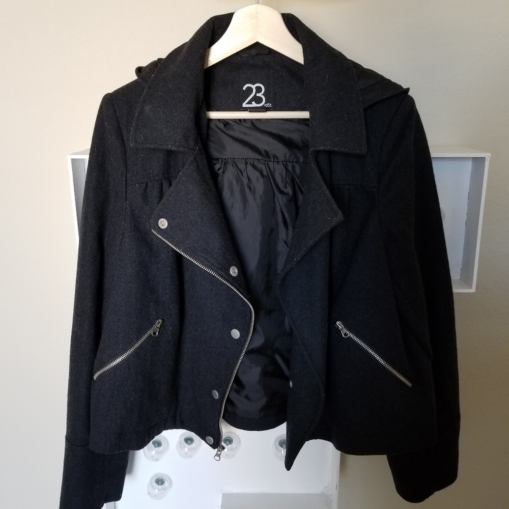 Wool blend charcoal moto jacket with hood